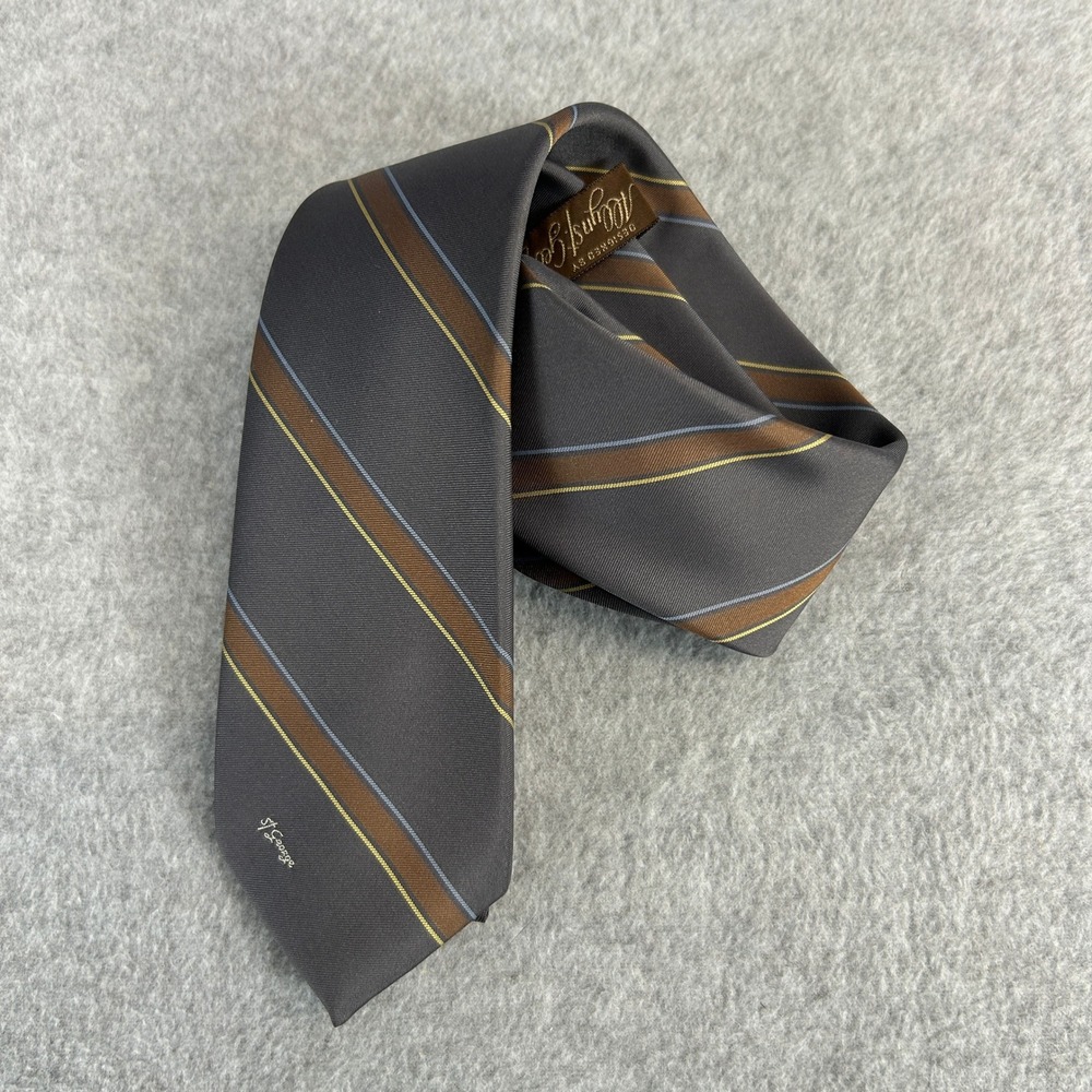 Allyn St.‎ George Necktie Grey Brown Striped Silk Blend Mens Office Professional